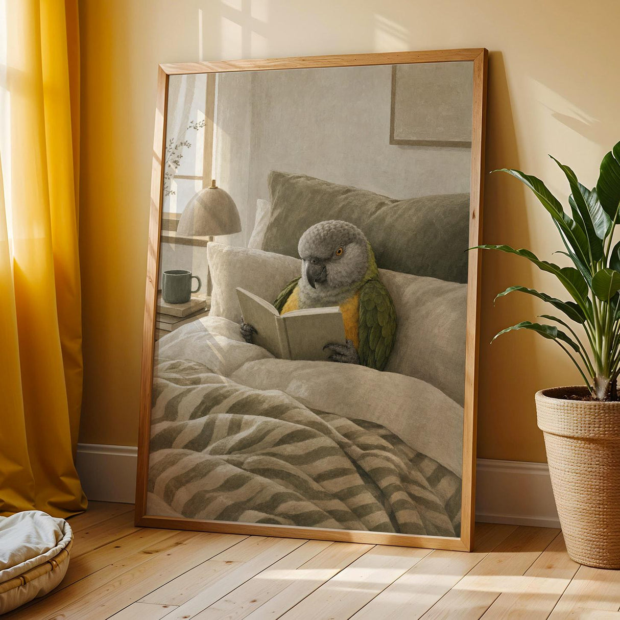 Senegal Parrot Reading in Bed Poster | Scandinavian Soft Gouache Bird Wall Art | Warm Beige Oat Milk Decor | Cozy Minimalist Bedroom Print