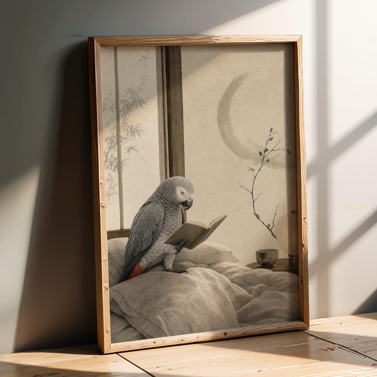 African Grey Parrot Reading in Bed Poster | Japanese Zen Ink Wash Bird Wall Art | Warm Ivory Fog Gray Decor | Minimalist Bedroom Print