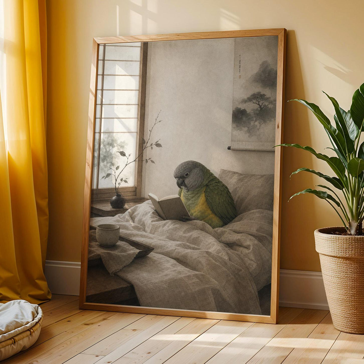 Senegal Parrot Reading in Bed Poster | Japanese Zen Ink Wash Bird Wall Art | Warm Ivory Fog Gray Decor | Minimalist Bedroom Print