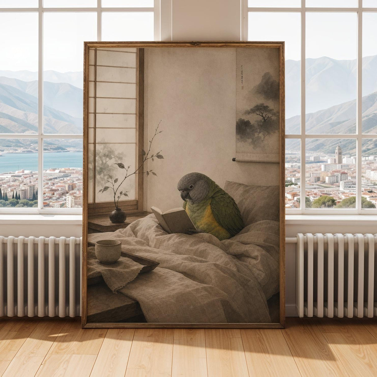 Senegal Parrot Reading in Bed Poster | Japanese Zen Ink Wash Bird Wall Art | Warm Ivory Fog Gray Decor | Minimalist Bedroom Print