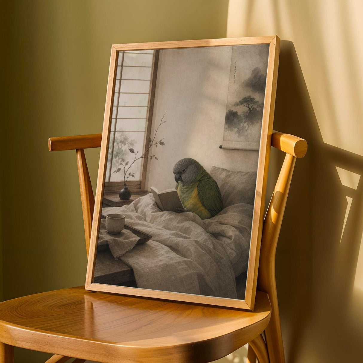 Senegal Parrot Reading in Bed Poster | Japanese Zen Ink Wash Bird Wall Art | Warm Ivory Fog Gray Decor | Minimalist Bedroom Print
