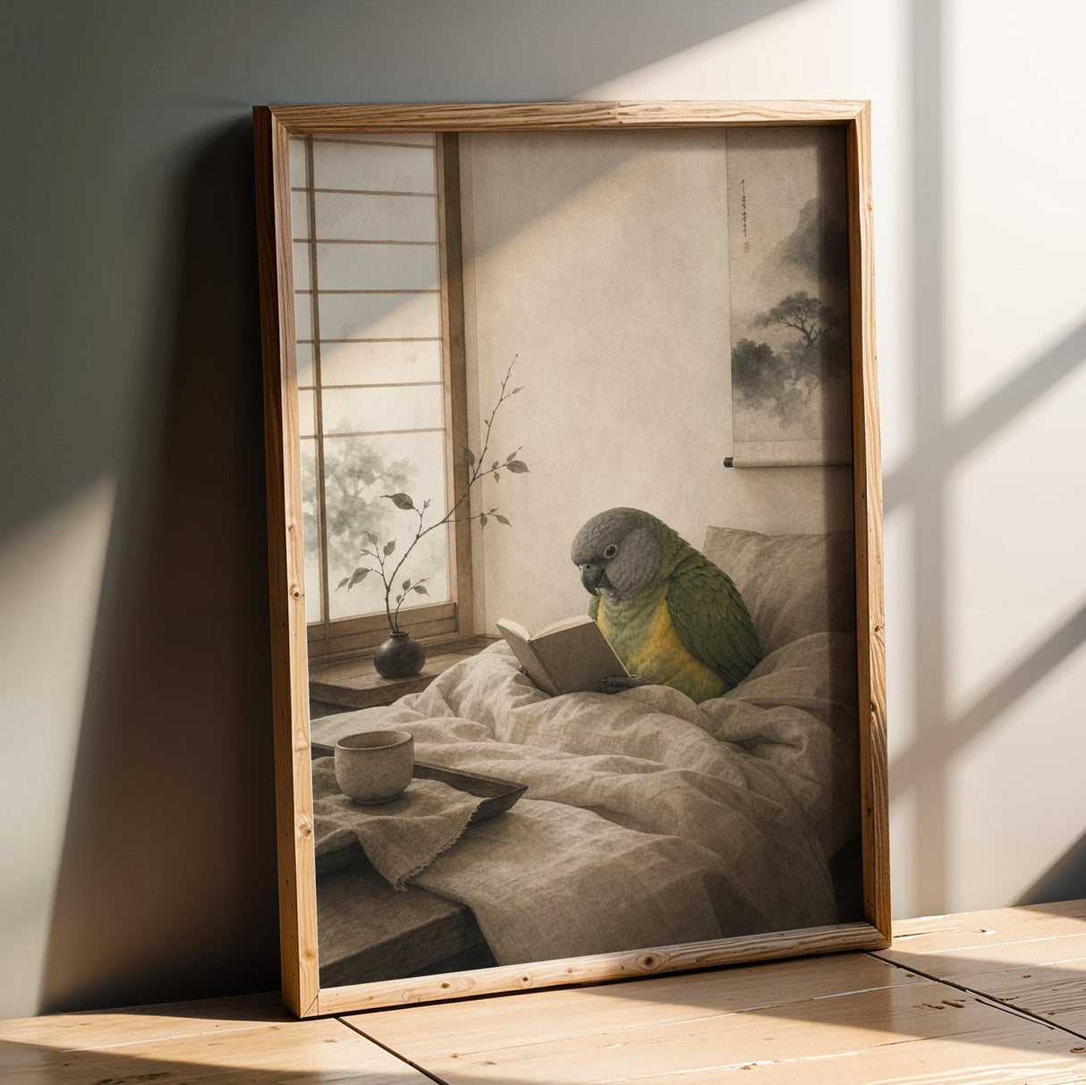 Senegal Parrot Reading in Bed Poster | Japanese Zen Ink Wash Bird Wall Art | Warm Ivory Fog Gray Decor | Minimalist Bedroom Print
