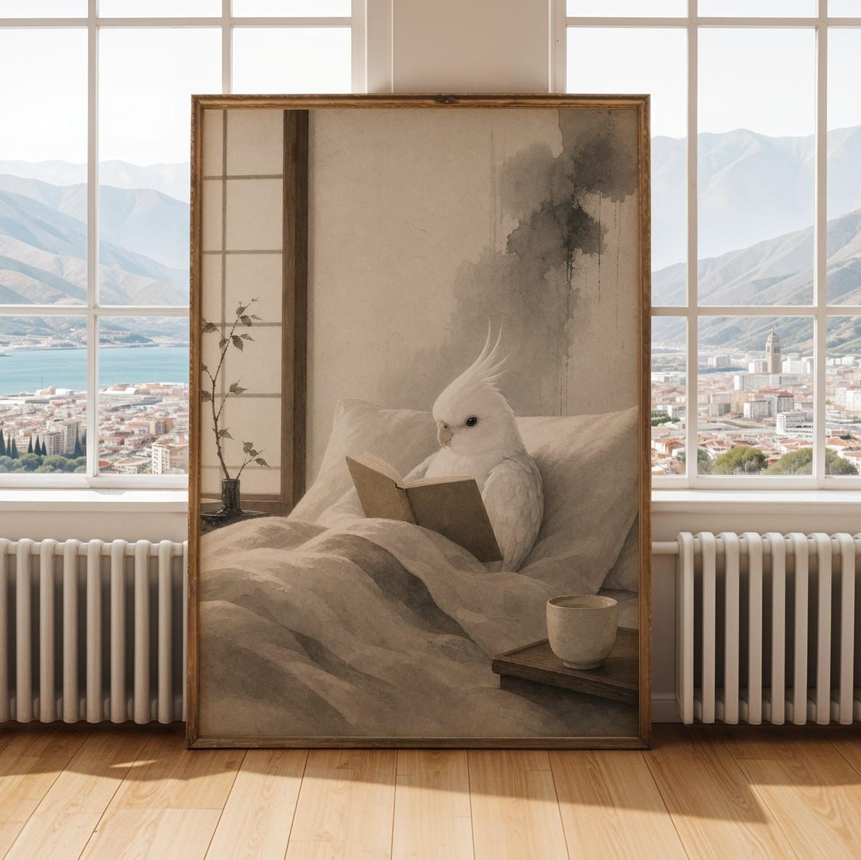 Cockatiel Reading in Bed Poster | Japanese Zen Sumi-e Bird Wall Art | Warm Ivory Fog Gray Decor | Minimalist Reading Nook Print