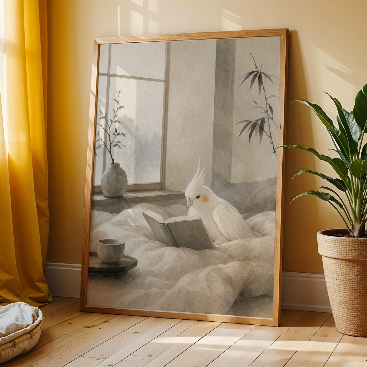 Albino Cockatiel Reading in Bed Poster | Japanese Zen Sumi-e Bird Wall Art | Warm Ivory Fog Gray Decor | Minimalist Bedroom Print