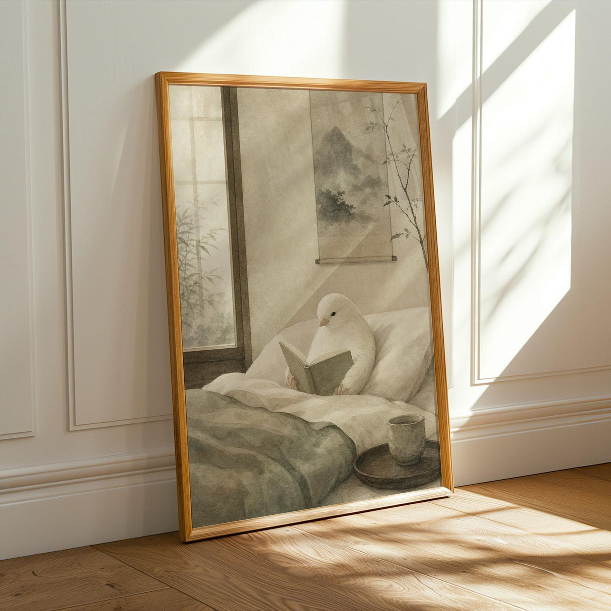 White Gloster Canary Reading in Bed Poster | Japanese Zen Sumi-e Bird Wall Art | Warm Ivory Fog Gray Decor | Minimalist Bedroom Print