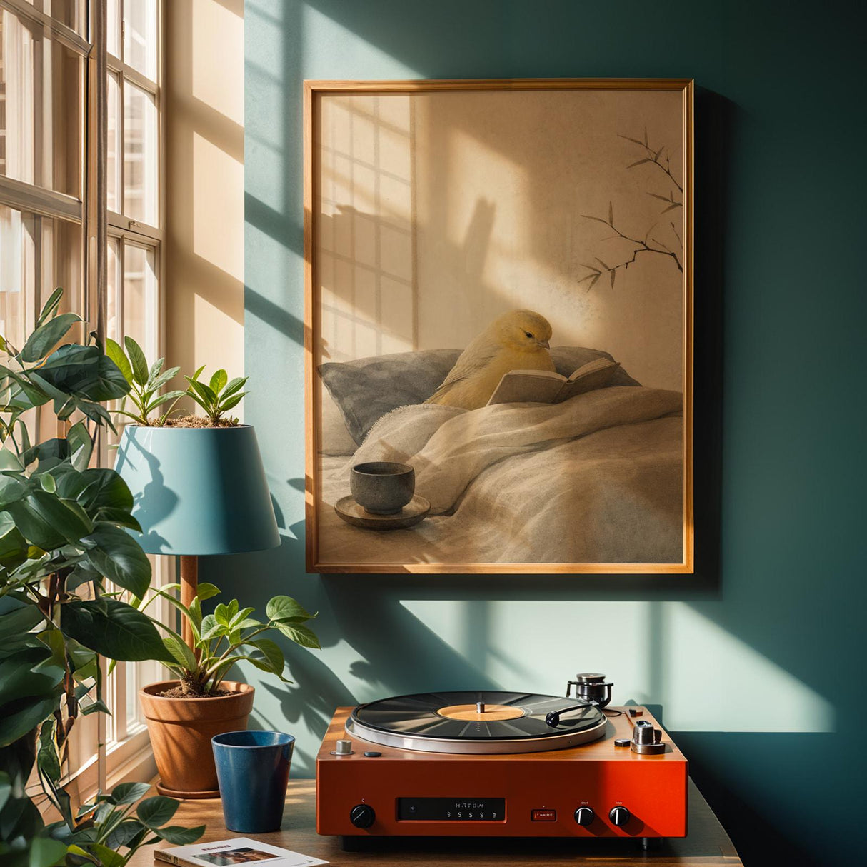 Roller Canary Reading in Bed Poster | Japanese Zen Sumi-e Bird Wall Art | Warm Ivory Neutral Decor | Minimalist Living Room Print