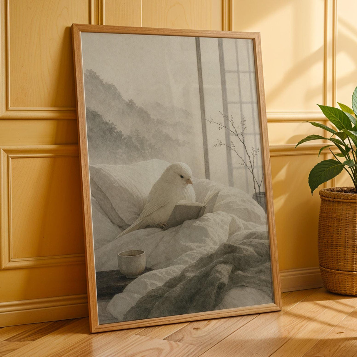 Yorkshire Canary Reading in Bed Poster | Japanese Zen Ink Wash Bird Wall Art | Warm Ivory Fog Gray Decor | Minimalist Bedroom Print