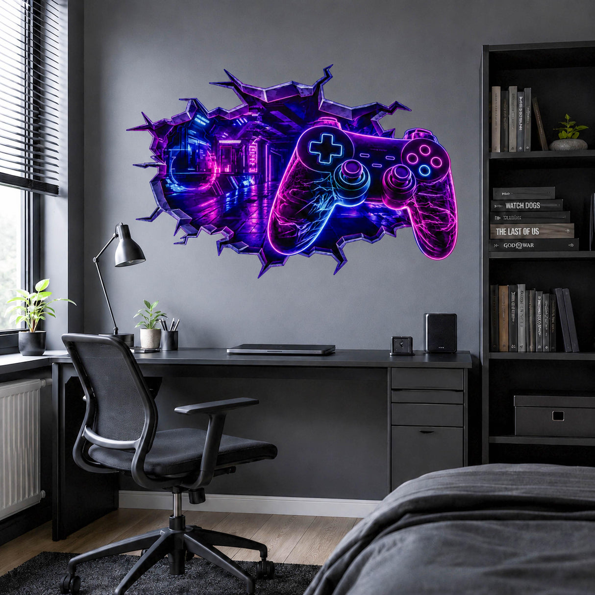 Gaming Wall Vinyl Decal | Neon Controller Broken Wall Illusion Sticker | Gamer Room LED Arcade Wall Art | Teen Bedroom Decor