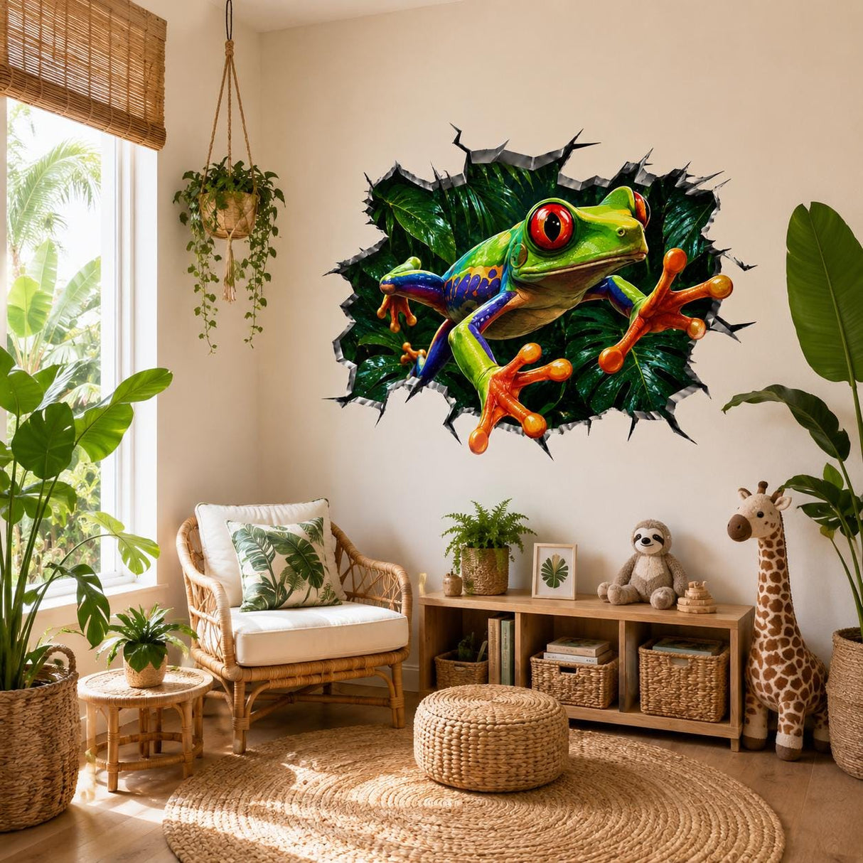 Weird Frog Wall Vinyl Decal | Broken Wall Illusion Sticker | Colorful Jungle Tree Frog Wall Art | Funny Tropical Room Decor