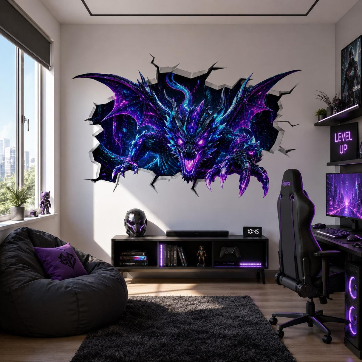 Neon Dragon Wall Decal | 3D Cracked Wall Illusion Sticker | Fantasy Cyber Dragon | Teen Gaming Room Decor