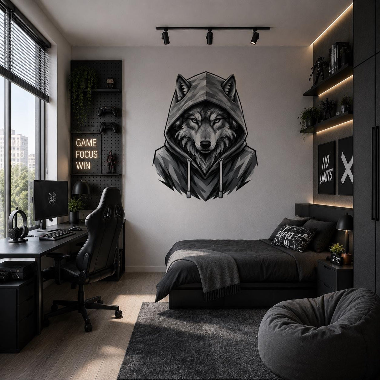 Wolf in Hoodie Wall Vinyl Decal | Black and White Urban Animal Sticker | Teen Bedroom Wall Art | Gamer Room Streetwear Decor | Modern Accent