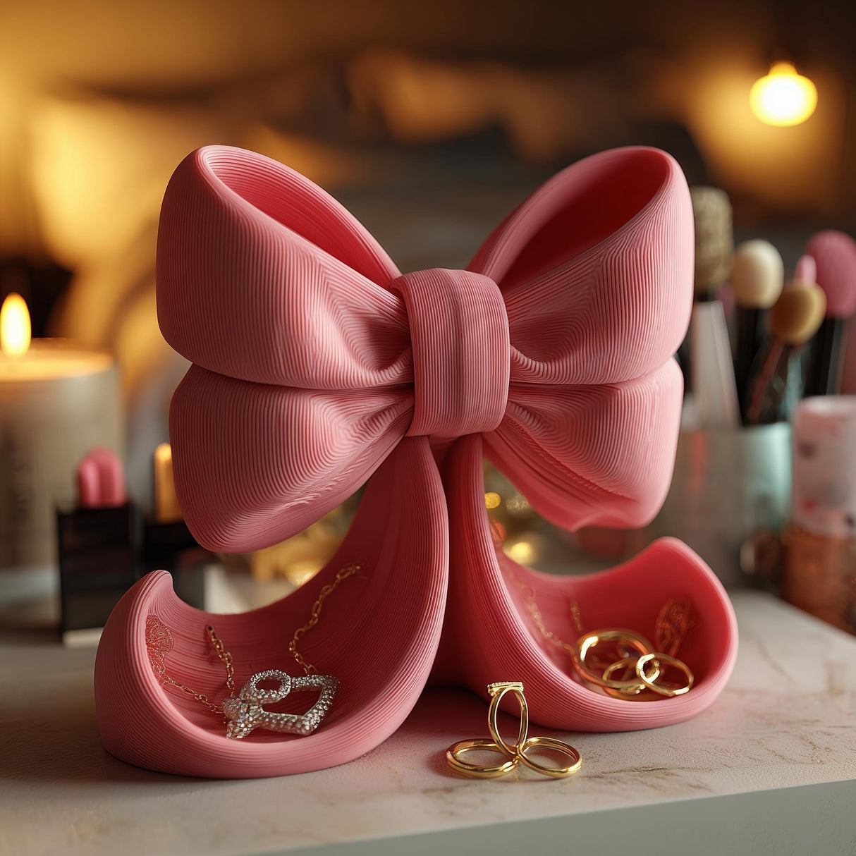 Bow-shaped jewelry organizer with curved lower trays holding rings and necklaces on a vanity with makeup items and warm indoor lighting in the background.