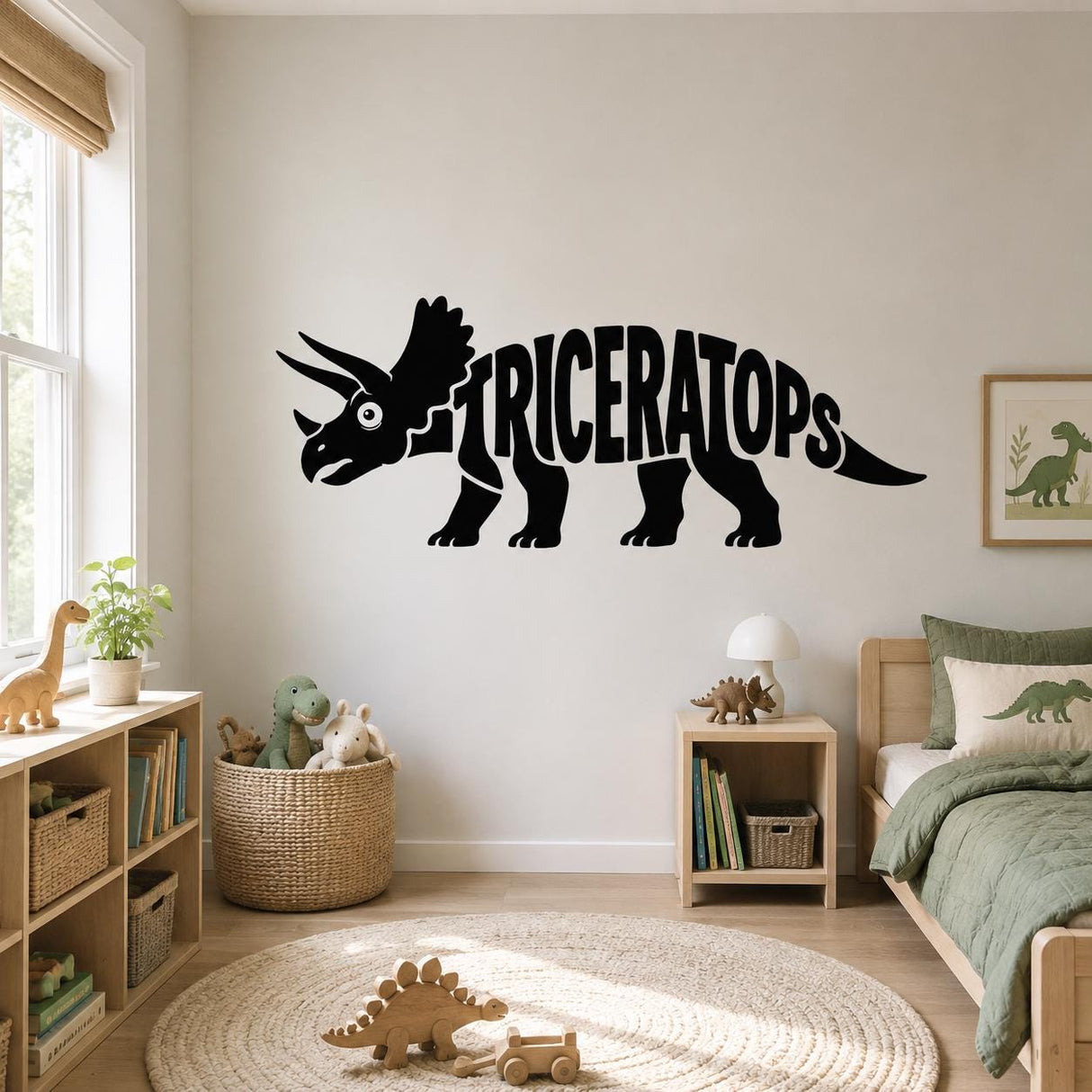 Triceratops Wall Decal | Dinosaur Name Wall Sticker | Black Dino Silhouette Decor | Kids Bedroom Nursery Wall Art | Prehistoric Decor Design