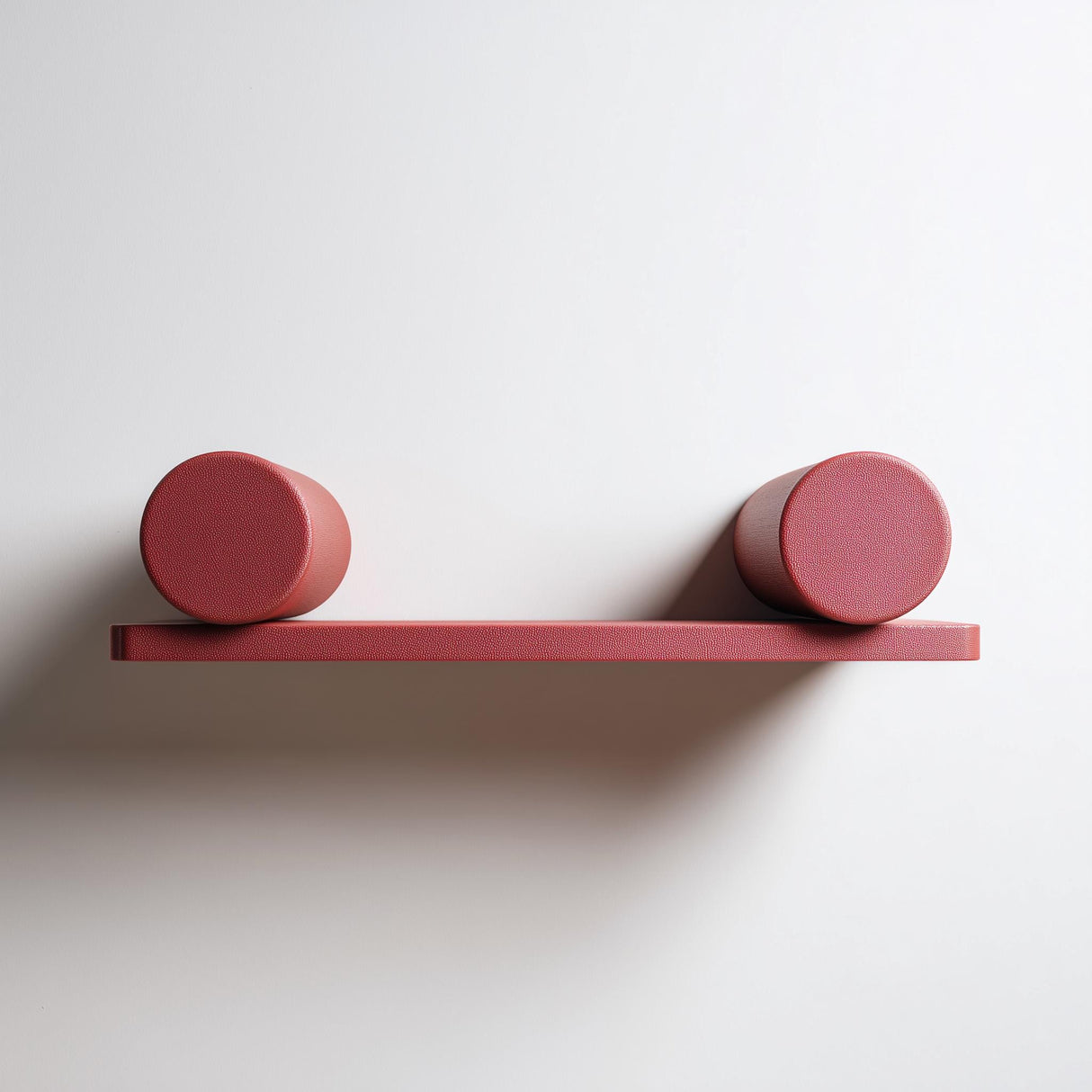 A front-view photograph of a minimalist 3D printed floating wall shelf mounted against a neutral wall. The shelf features a flat horizontal surface with two thick cylindrical supports attached at each end, designed to be mounted upside down or right side up.