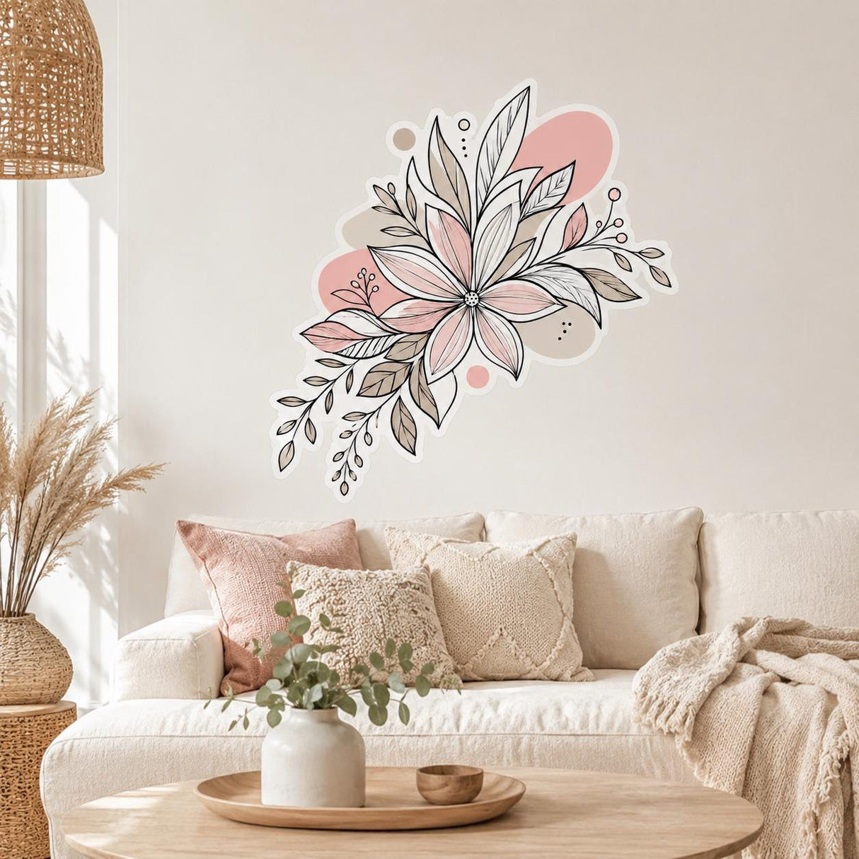 Floral Wall Decal | Blush Botanical Sticker | Peach Flower Line Art | Boho Nursery Decor | Neutral Bedroom Wall Art | Modern Botanical Decor