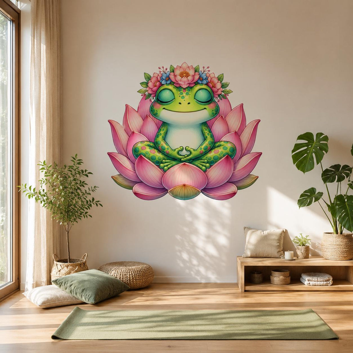 Meditating Frog Wall Art Print | Pink Lotus Flower Decor | Whimsical Nursery Art | Kids Room Wall Decor | Green Frog Decor | Yoga Room Decor