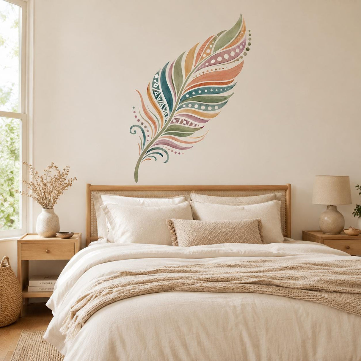 Watercolor Feather Wall Decal | Boho Feather Wall Sticker | Colorful Geometric Feather Decor | Boho Wall Accent | Nature Inspired Home Decor