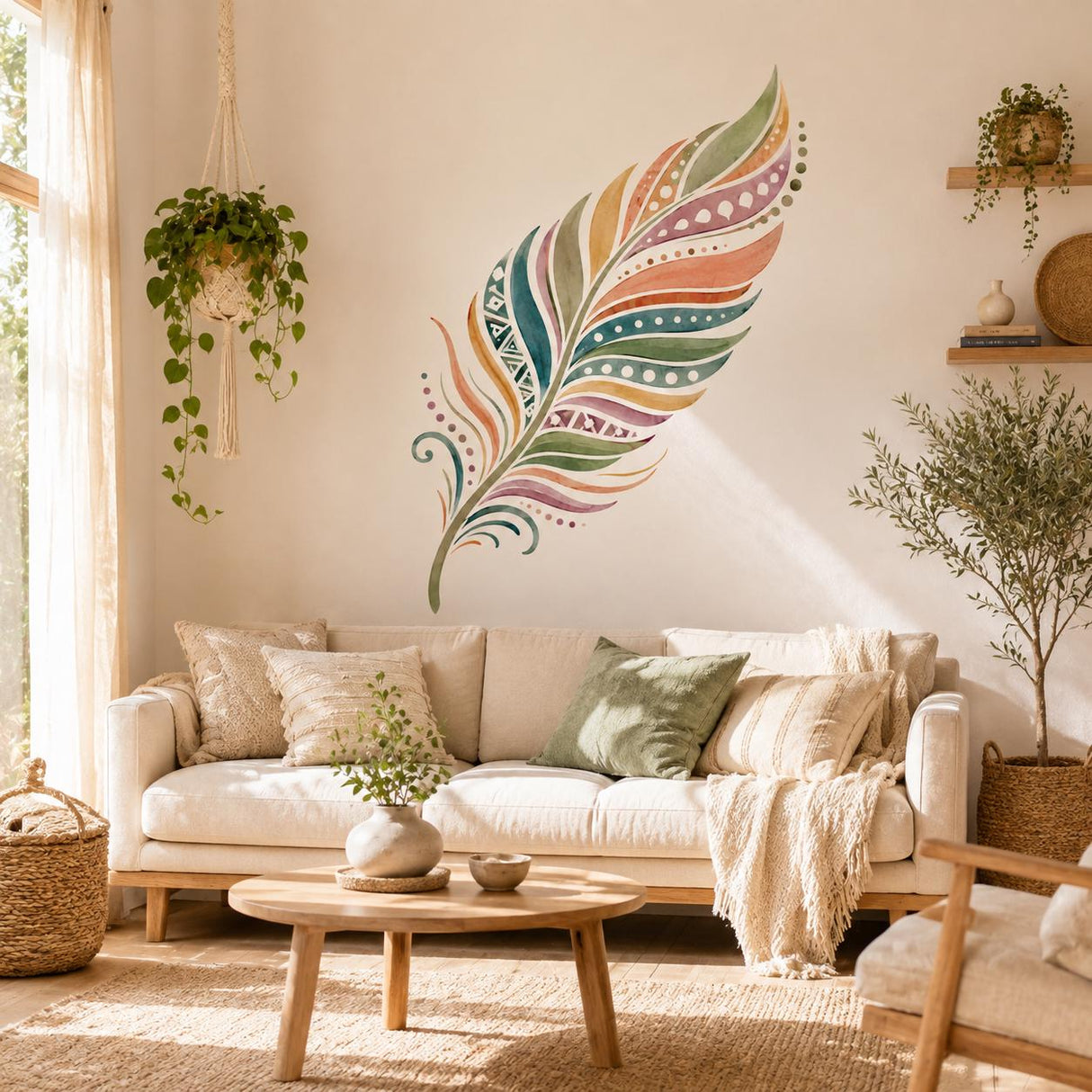 Watercolor Feather Wall Decal | Boho Feather Wall Sticker | Colorful Geometric Feather Decor | Boho Wall Accent | Nature Inspired Home Decor