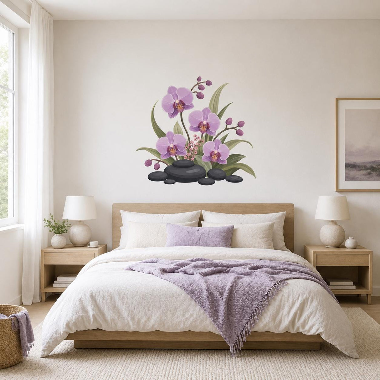 Purple Orchid Wall Decal | Orchid Flower Wall Sticker | Spa Stones Botanical Decor | Bedroom Floral Wall Art | Zen Botanical Wall Decoration