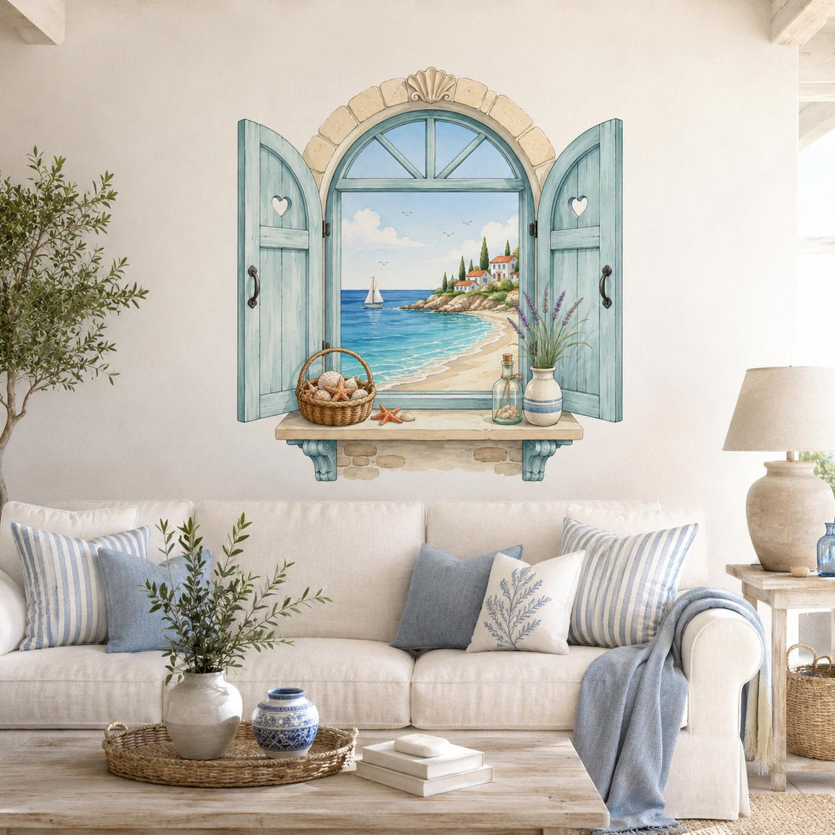 Coastal Window Wall Decal | Mediterranean Sea Wall Sticker | Ocean View Wall Art | Nautical Home Decor | Seaside Window Wall Art Decorations