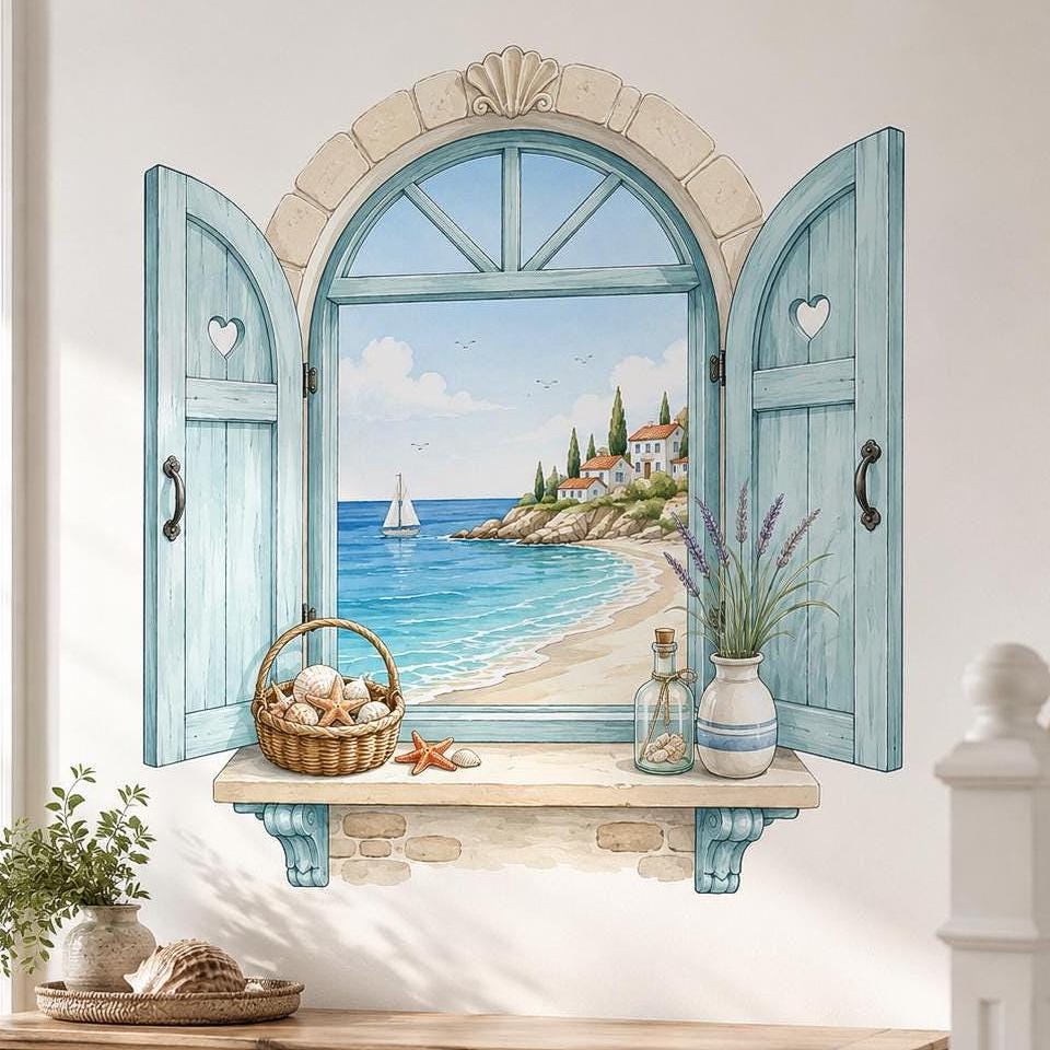 Watercolor-style arched coastal window with open aqua-blue shutters overlooking a turquoise sea, sandy beach, sailboat, white houses with terracotta roofs, and cypress trees, with seashells, starfish, lavender, and a glass bottle on the sill.