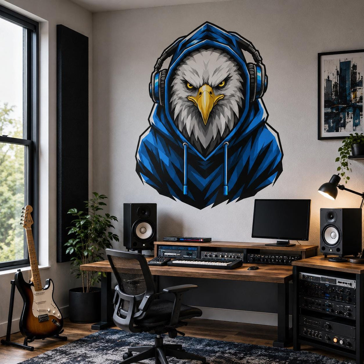 Bald Eagle Gamer Wall Decal | Gaming Eagle Wall Sticker | Gamer Room Decor | Teen Bedroom Wall Art | Blue Hoodie Eagle Gamer Wall Decoration
