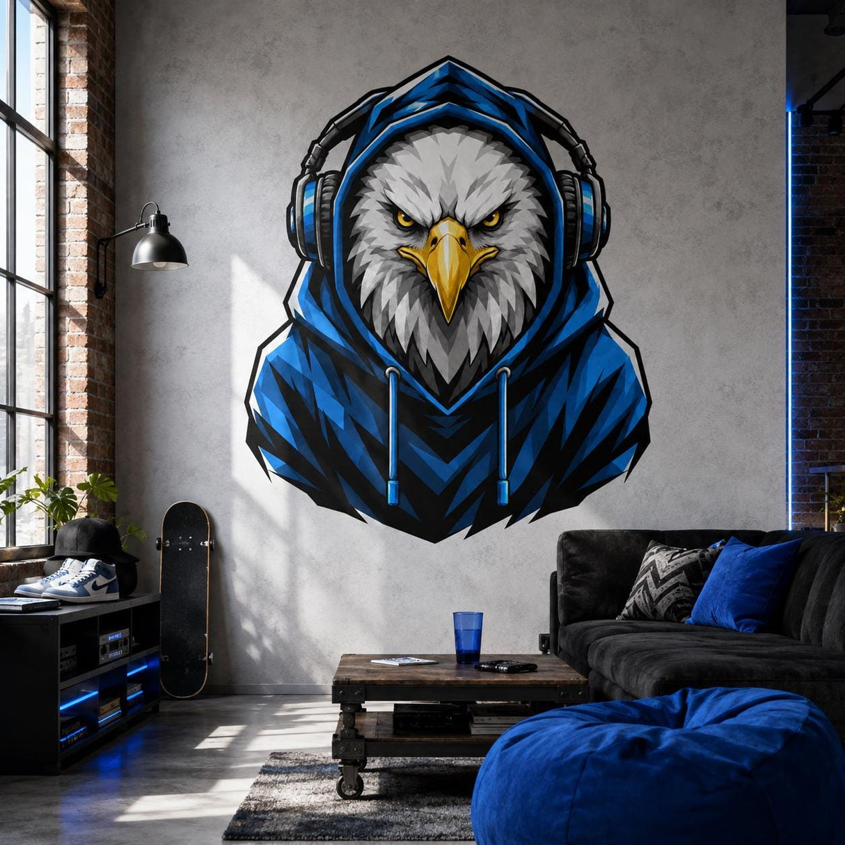 Bald Eagle Gamer Wall Decal | Gaming Eagle Wall Sticker | Gamer Room Decor | Teen Bedroom Wall Art | Blue Hoodie Eagle Gamer Wall Decoration
