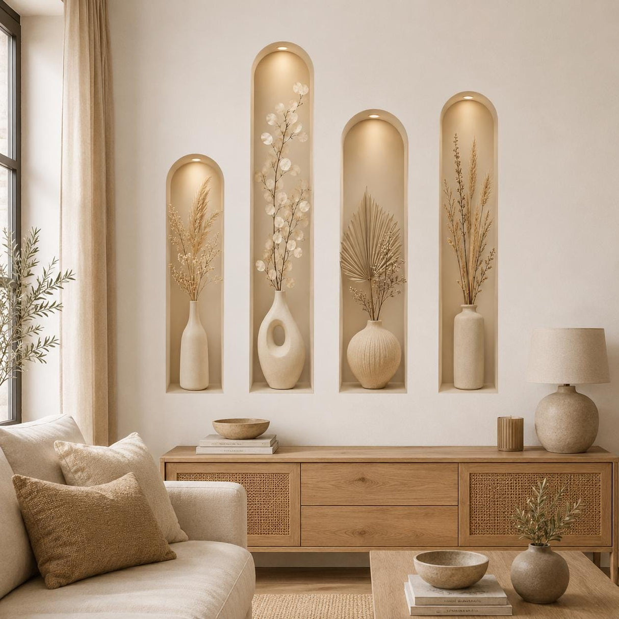 3D Wall Niche Decal | Neutral Botanical Wall Sticker | Arched Alcoves Wall Art | Beige Vase Decor | Modern Minimalist Living Room Decoration