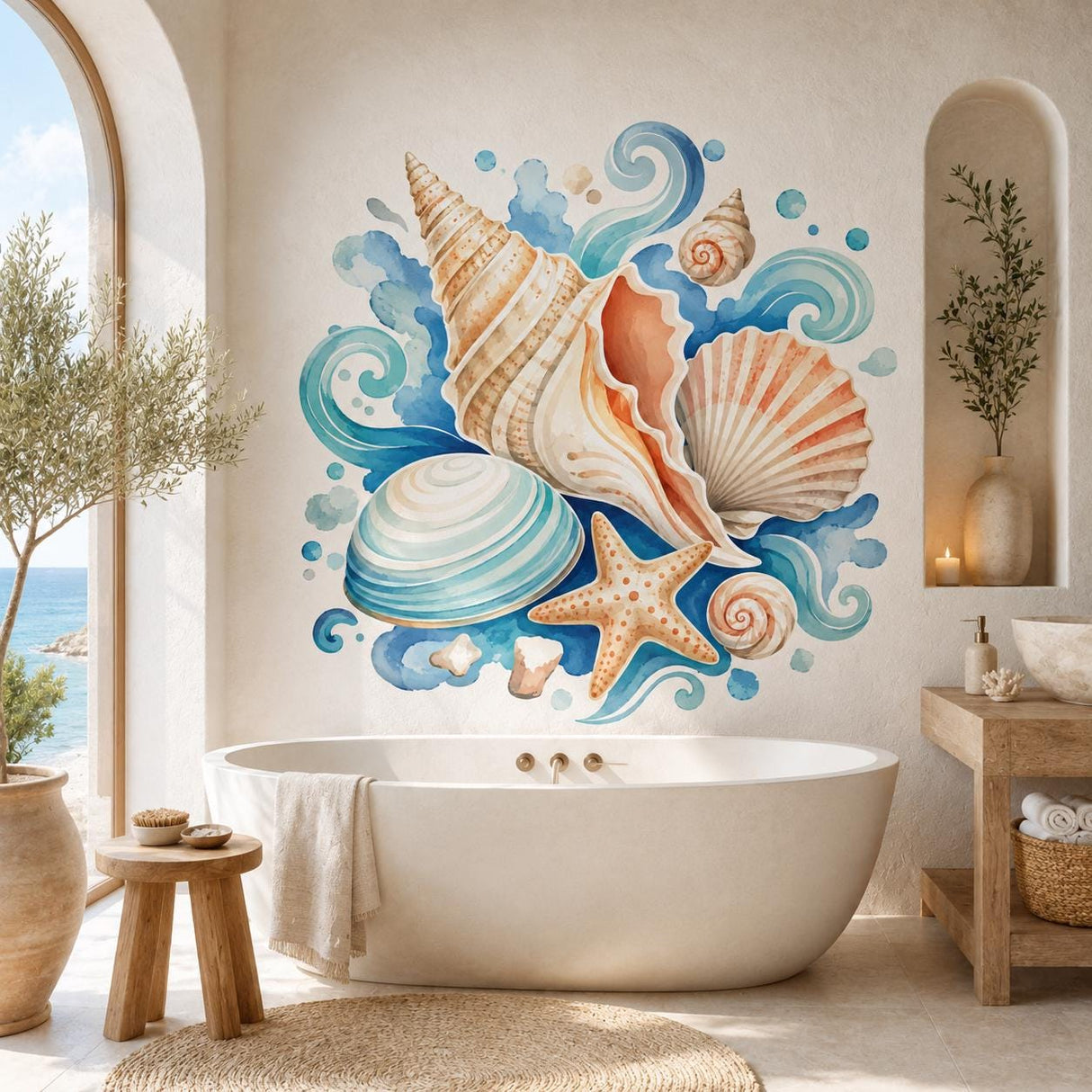 Seashell Wall Decal | Watercolor Seashell Wall Sticker | Coastal Beach Home Decor | Ocean Wall Art | Starfish Shells Coastal Wall Decoration