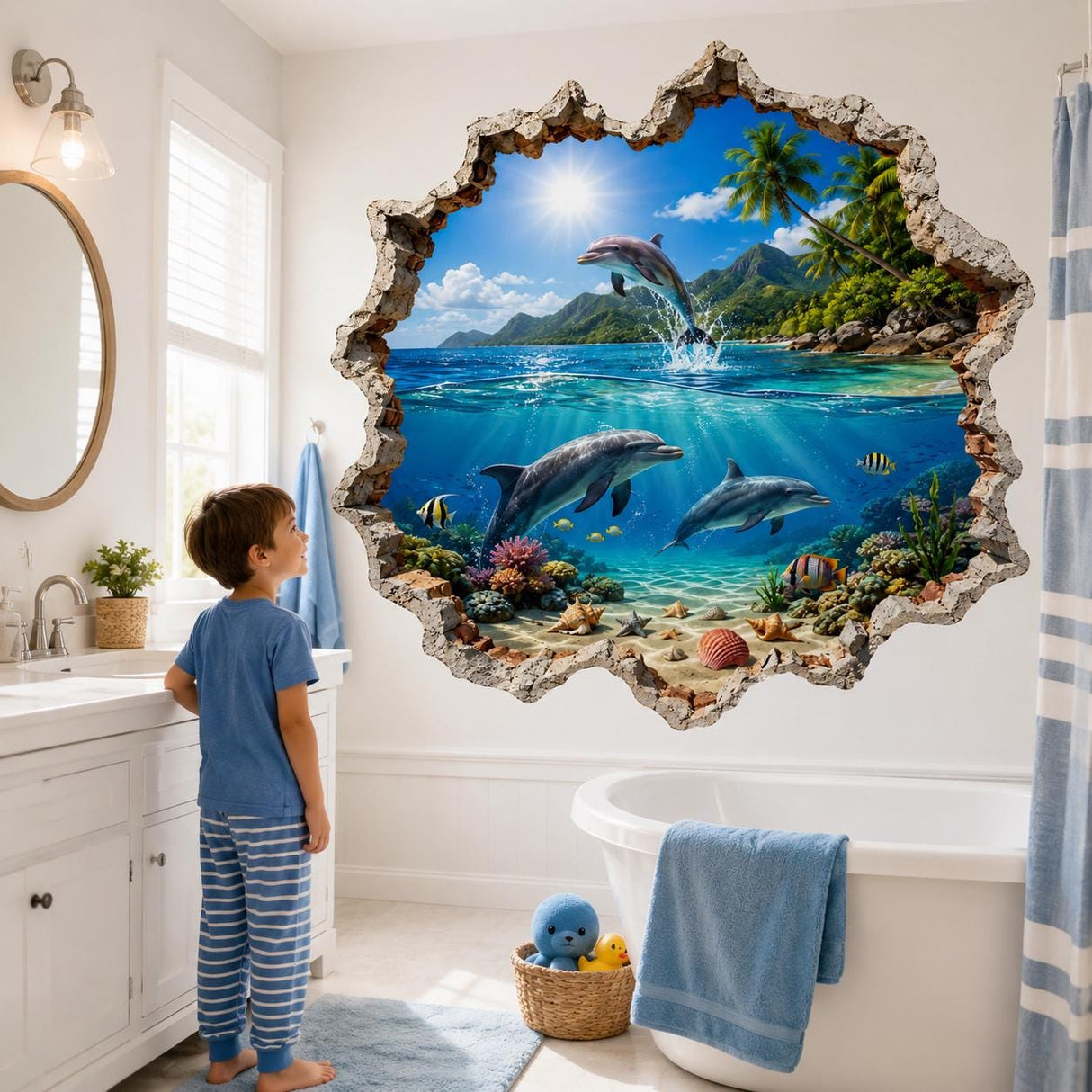 3D Dolphin Wall Decal | Tropical Ocean Wall Sticker | Underwater Dolphin Wall Art | Kids' Room Sea Art | Broken Wall Effect Ocean Decoration