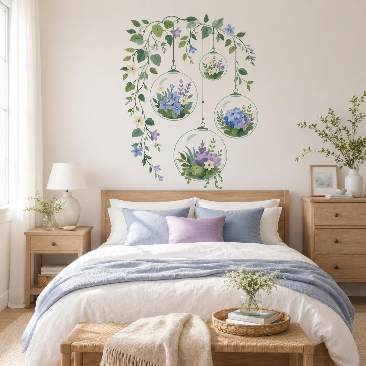 Hanging Terrarium Wall Decal | Floral Glass Globe Wall Sticker | Botanical Bedroom Decor | Blue Flowers Wall Art | Greenery Wall Decorations
