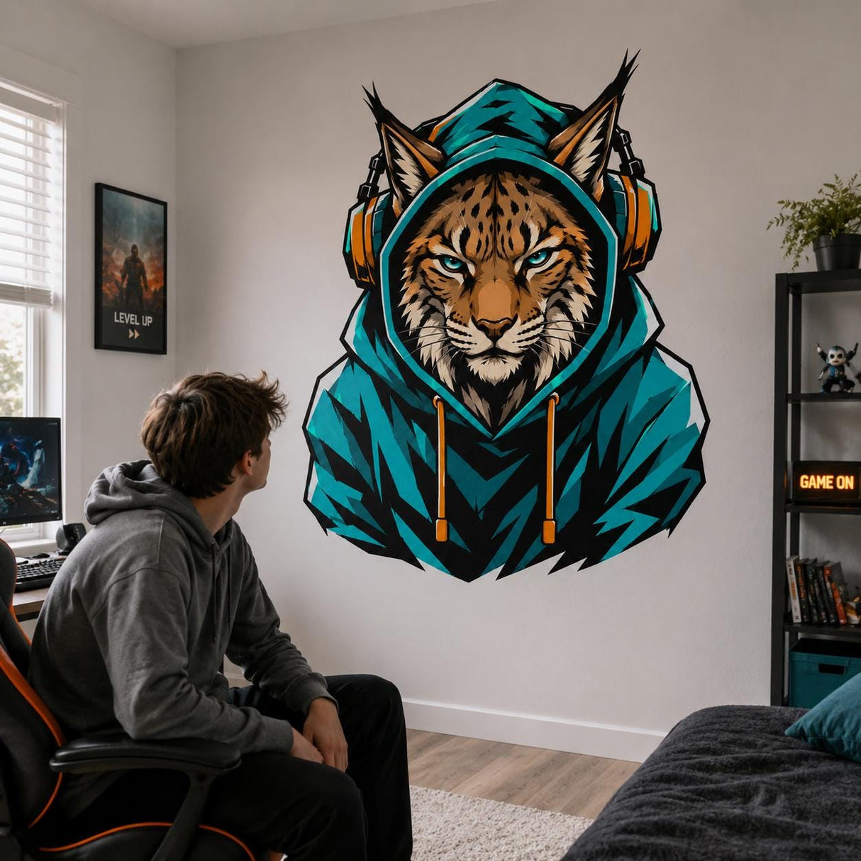 Lynx Gamer Wall Decal | Gaming Lynx Wall Sticker | Headphones Animal Decor | Teen Room Wall Art | Teal Hoodie Gaming Bedroom Wall Decoration