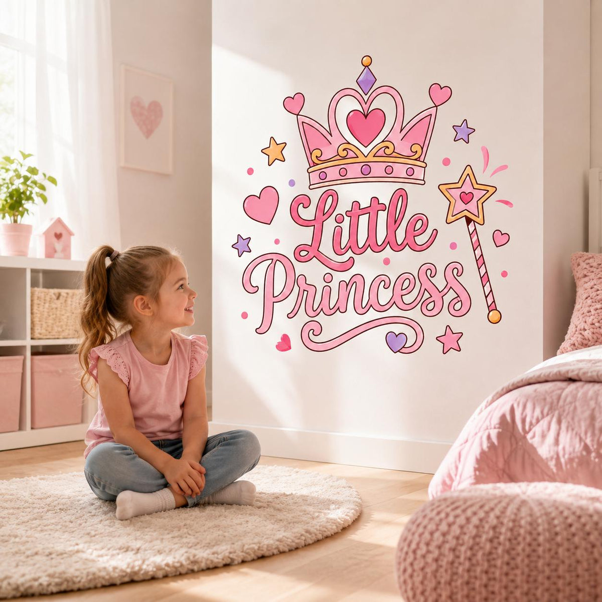 Little Princess Wall Decal | Pink Crown Wall Sticker | Girls' Bedroom Decor | Princess Nursery Wall Art | Magic Wand Hearts Stars Wall Decor
