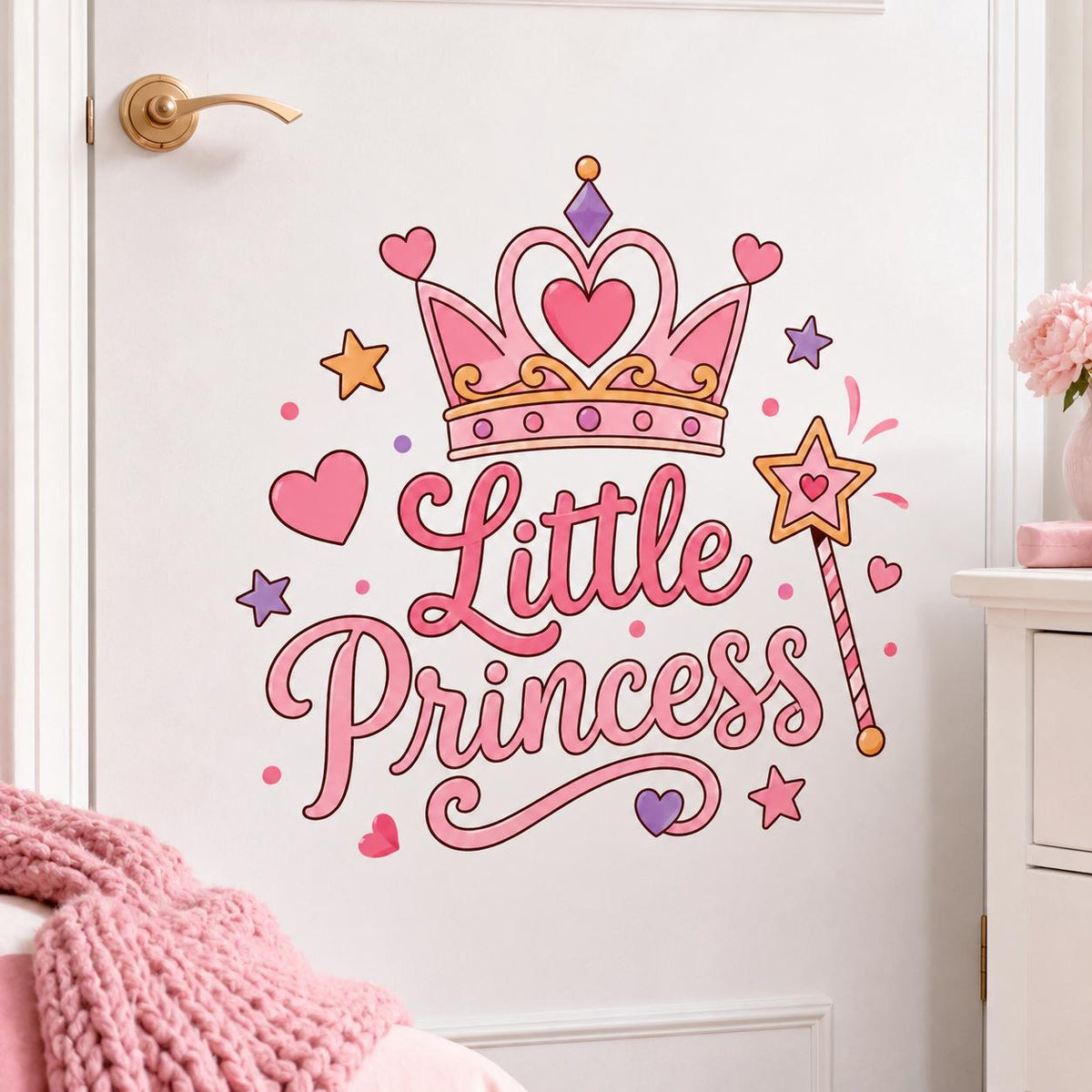 Pink “Little Princess” lettering beneath a decorative crown with a heart center, surrounded by a star-tipped magic wand, pink hearts, lavender and gold stars, dots, and sparkle accents.