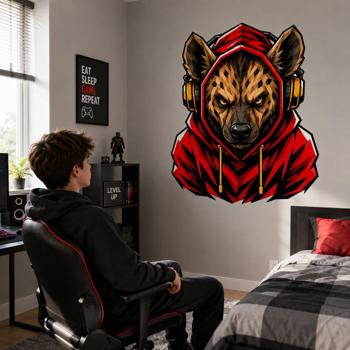 Hyena Gamer Wall Decal | Gaming Hyena Wall Sticker | Headphones Animal Decor | Teen Room Wall Art | Red Hoodie Gamer Bedroom Wall Decoration