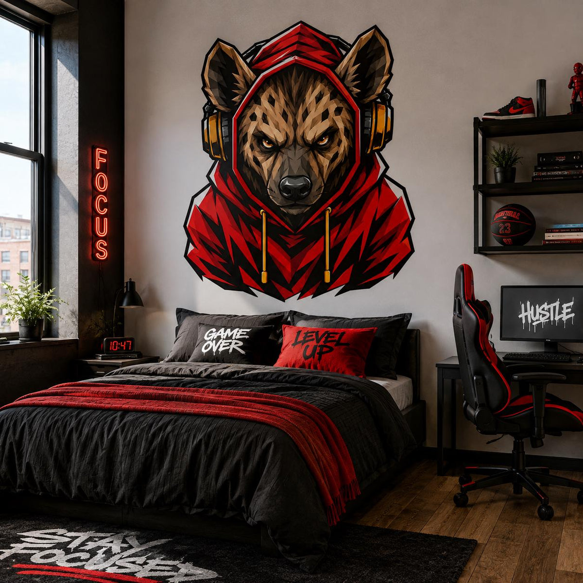 Hyena Gamer Wall Decal | Gaming Hyena Wall Sticker | Headphones Animal Decor | Teen Room Wall Art | Red Hoodie Gamer Bedroom Wall Decoration