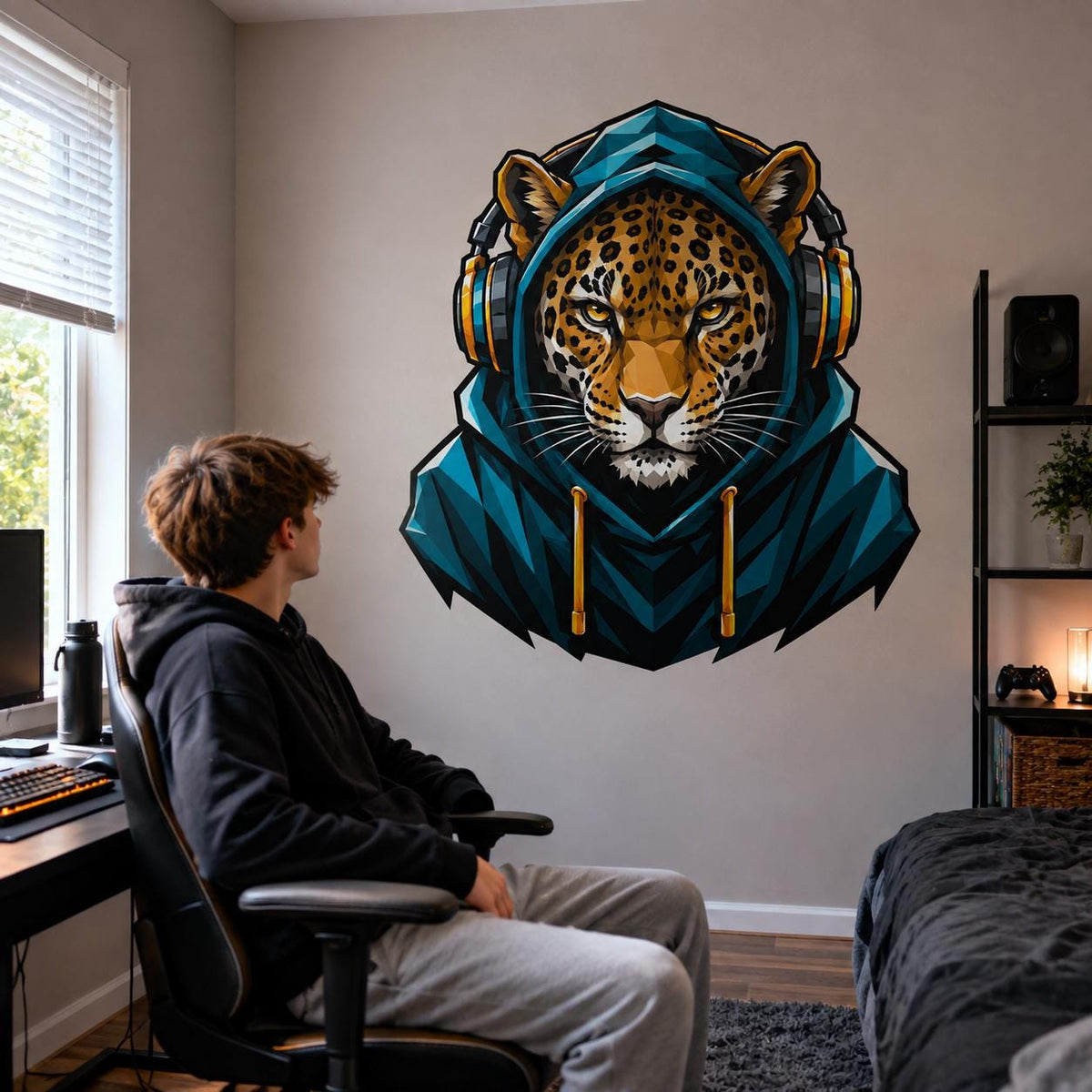 Leopard Gamer Wall Decal | Gaming Leopard Wall Sticker | Headphones Animal Decor | Teen Room Wall Art | Teal Hoodie Bedroom Wall Decorations