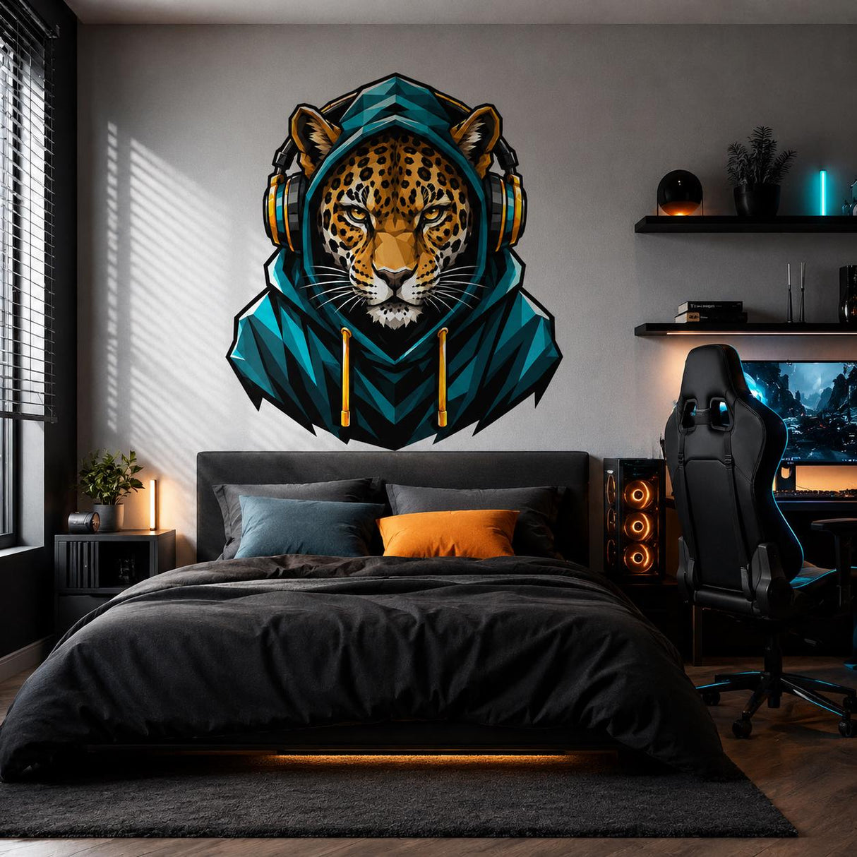 Leopard Gamer Wall Decal | Gaming Leopard Wall Sticker | Headphones Animal Decor | Teen Room Wall Art | Teal Hoodie Bedroom Wall Decorations