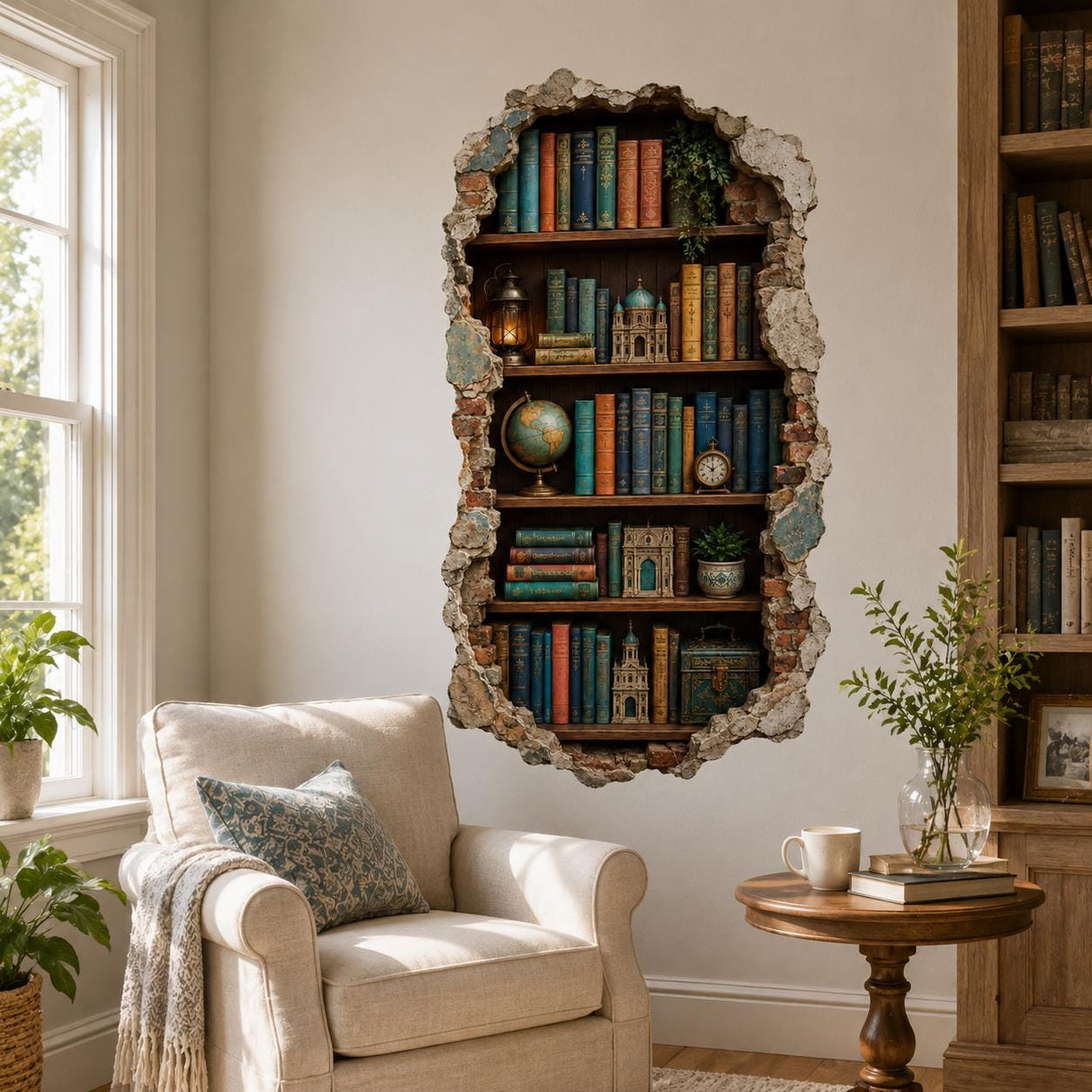 3D Bookshelf Wall Decal | Vintage Library Wall Sticker | Book Nook Wall Art | Broken Wall Illusion | Reading Room Decor | Bookish Wall Decor