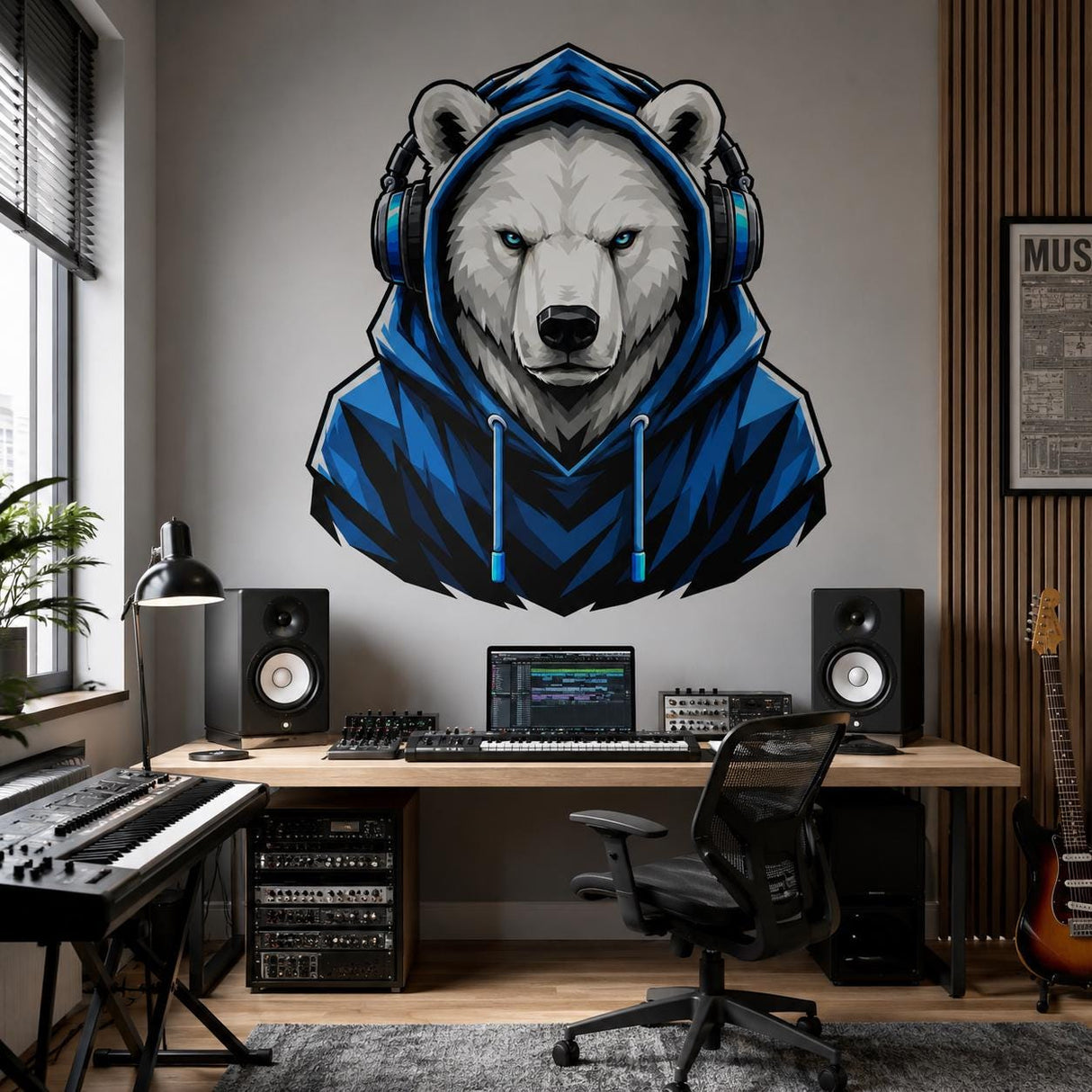 Polar Bear Gamer Wall Decal | Gaming Polar Bear Wall Sticker | Blue Hoodie Animal Decor | Teen Game Room Wall Art | Gamer Bedroom Wall Decor