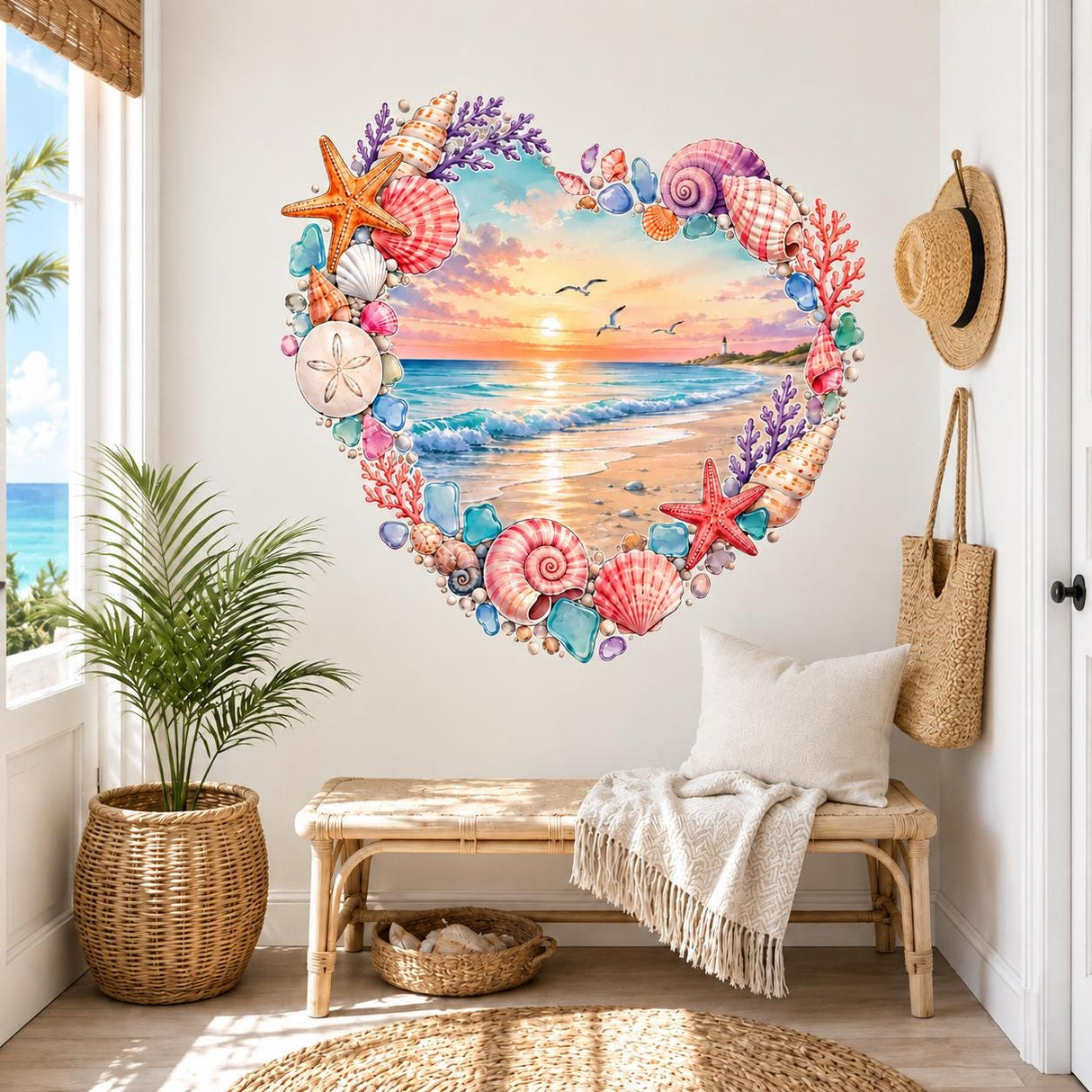 Heart Beach Wall Decal | Seashell Coastal Wall Sticker | Ocean Sunset Wall Art | Seashell Starfish Decor | Romantic Seaside Wall Decorations
