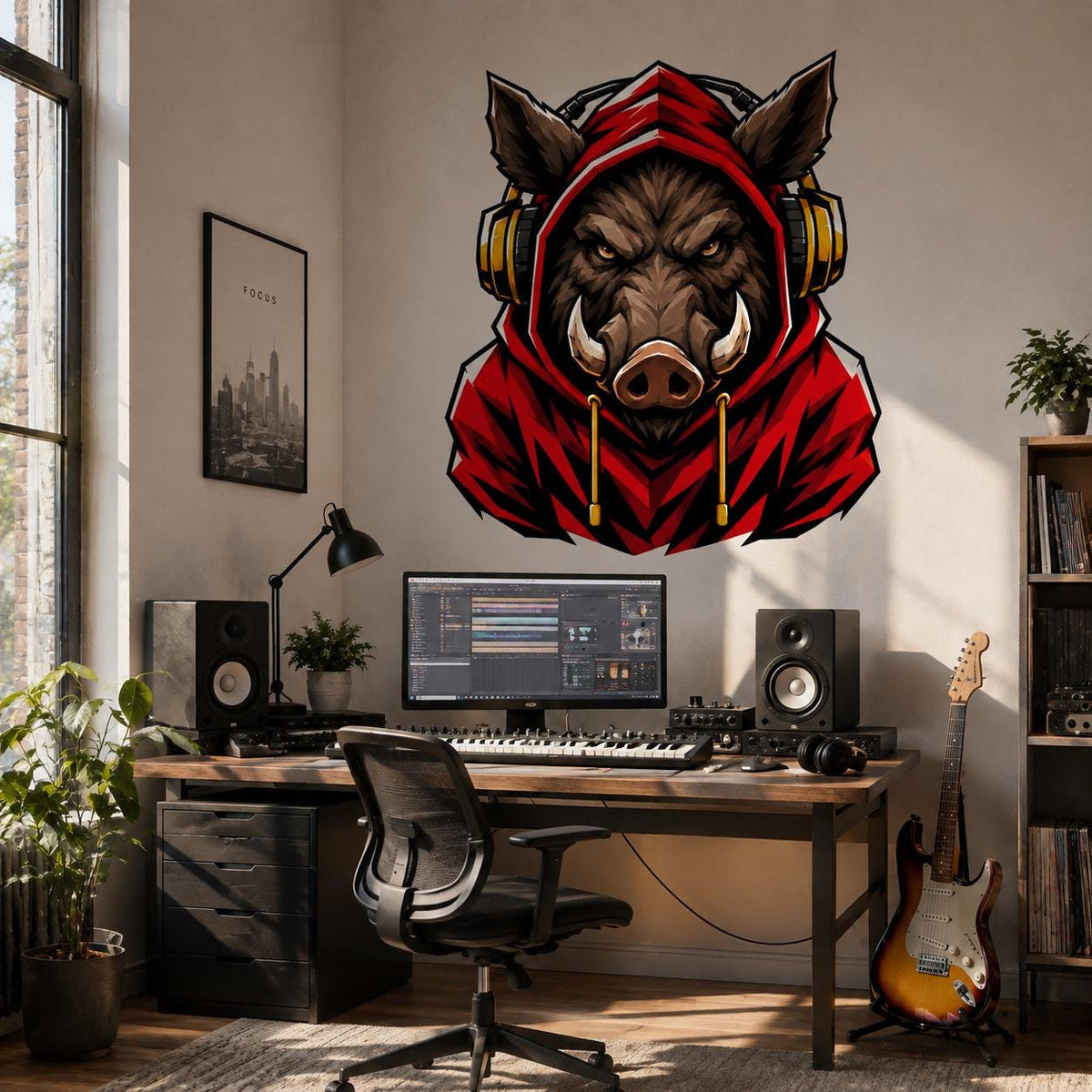 Wild Boar Gaming Wall Decal | Gaming Animal Wall Sticker | Red Hoodie Animal Decor | Teen Game Room Wall Art | Gamer Bedroom Wall Decoration