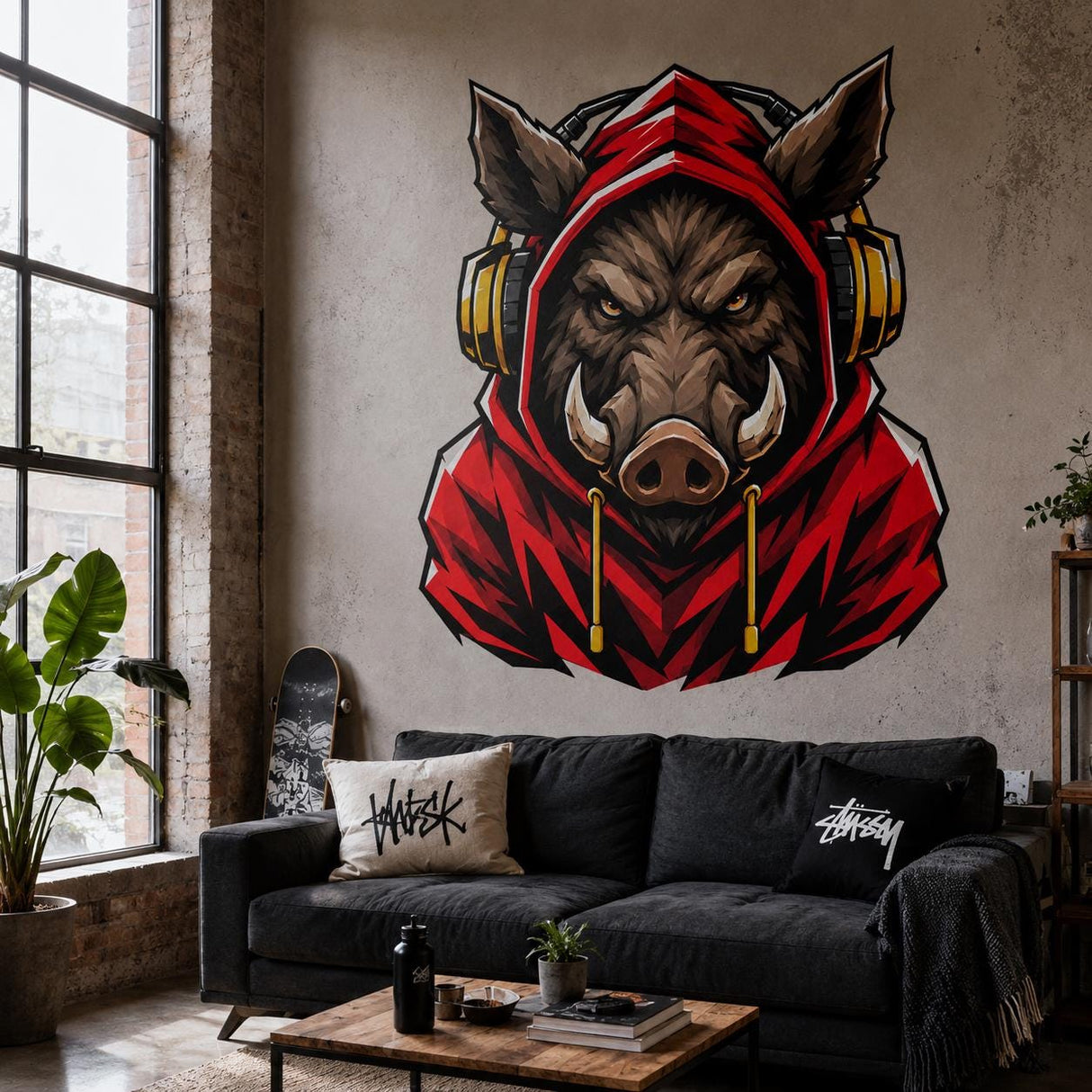 Wild Boar Gaming Wall Decal | Gaming Animal Wall Sticker | Red Hoodie Animal Decor | Teen Game Room Wall Art | Gamer Bedroom Wall Decoration