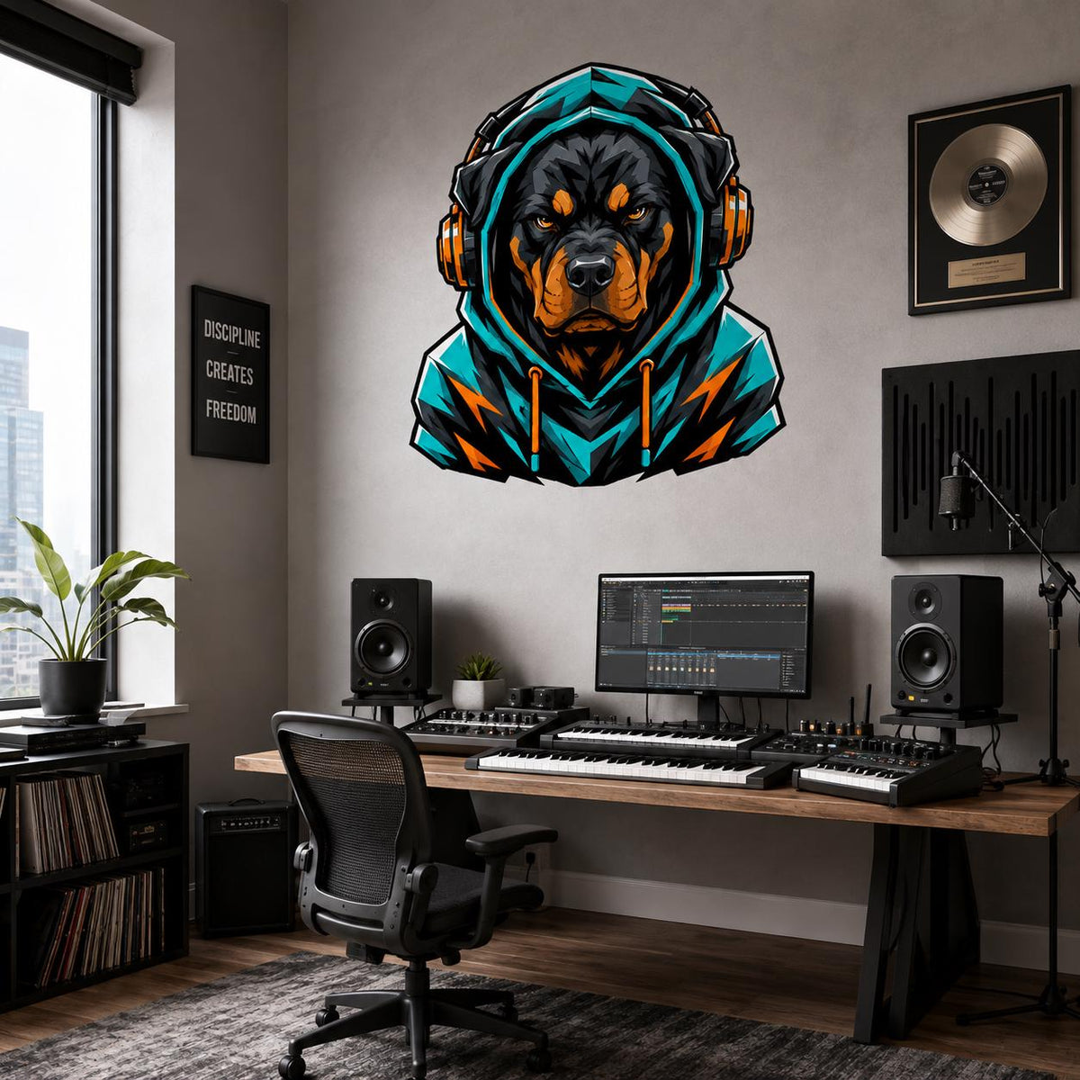 Rottweiler Gamer Wall Decal | Gaming Rottweiler Wall Sticker | Teal Hoodie Dog Decor | Teens Gaming Room Wall Art | Gamer Bedroom Wall Decor