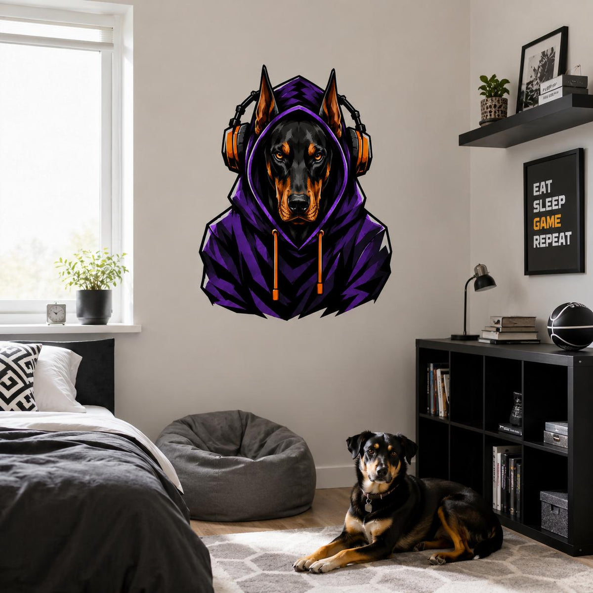Doberman Gamer Wall Decal | Gaming Doberman Wall Sticker | Purple Hoodie Dog Decor | Teen Game Room Wall Art | Gamer Bedroom Wall Decoration