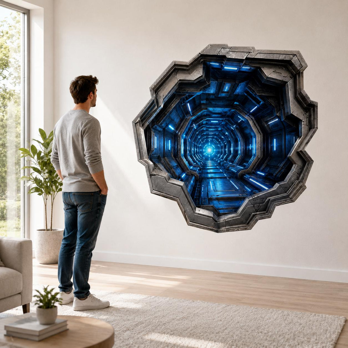 3D Sci Fi Tunnel Wall Decal | Futuristic Corridor Wall Sticker | Anamorphic Wall Illusion | Gaming Room Decor | Blue Portal Bedroom Wall Art