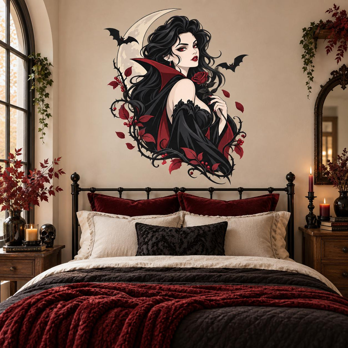 Gothic Vampire Woman Wall Decal | Moon and Bats Vinyl Wall Sticker | Dark Fantasy Gothic Bedroom Decor | Halloween Wall Decor | Witchy Decor