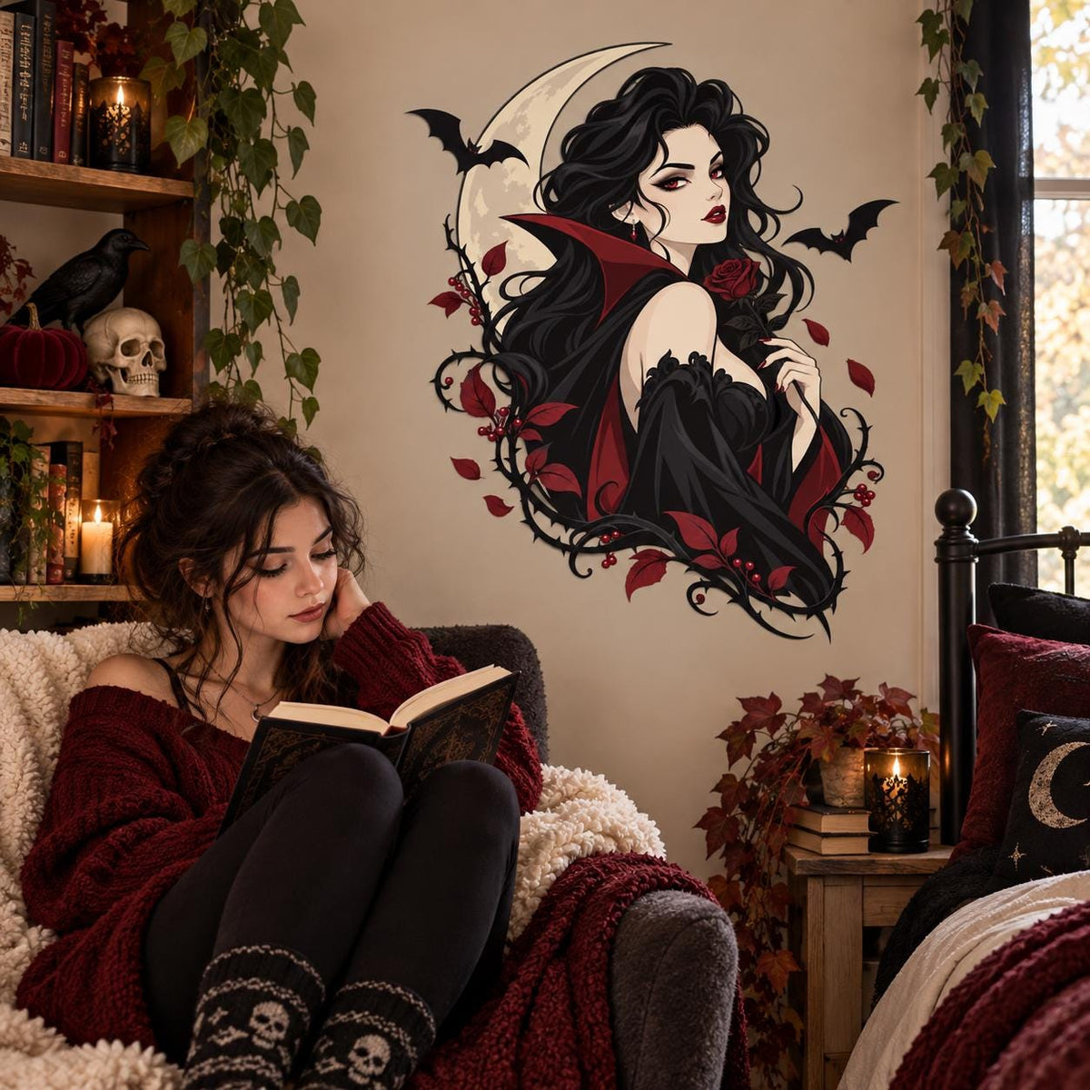 Gothic Vampire Woman Wall Decal | Moon and Bats Vinyl Wall Sticker | Dark Fantasy Gothic Bedroom Decor | Halloween Wall Decor | Witchy Decor