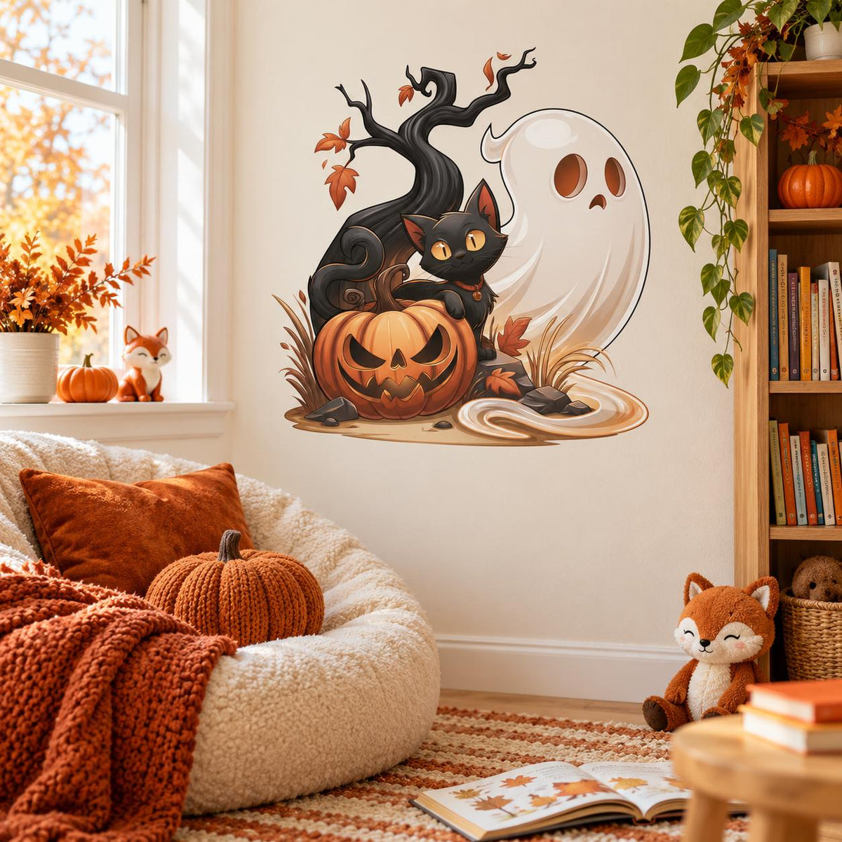 Black Cat Ghost Pumpkin Halloween Wall Decal | Whimsical Haunted Tree Vinyl Wall Sticker | Cute Kids Room Seasonal Decor | Autumn Wall Art