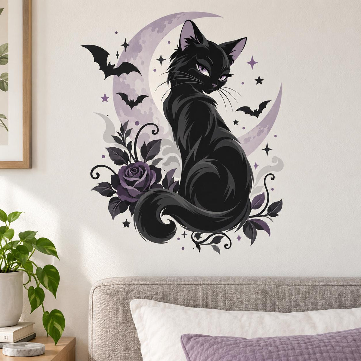 Black cat with purple eyes against a lavender crescent moon, framed by bats, stars, curling vines and a purple rose.